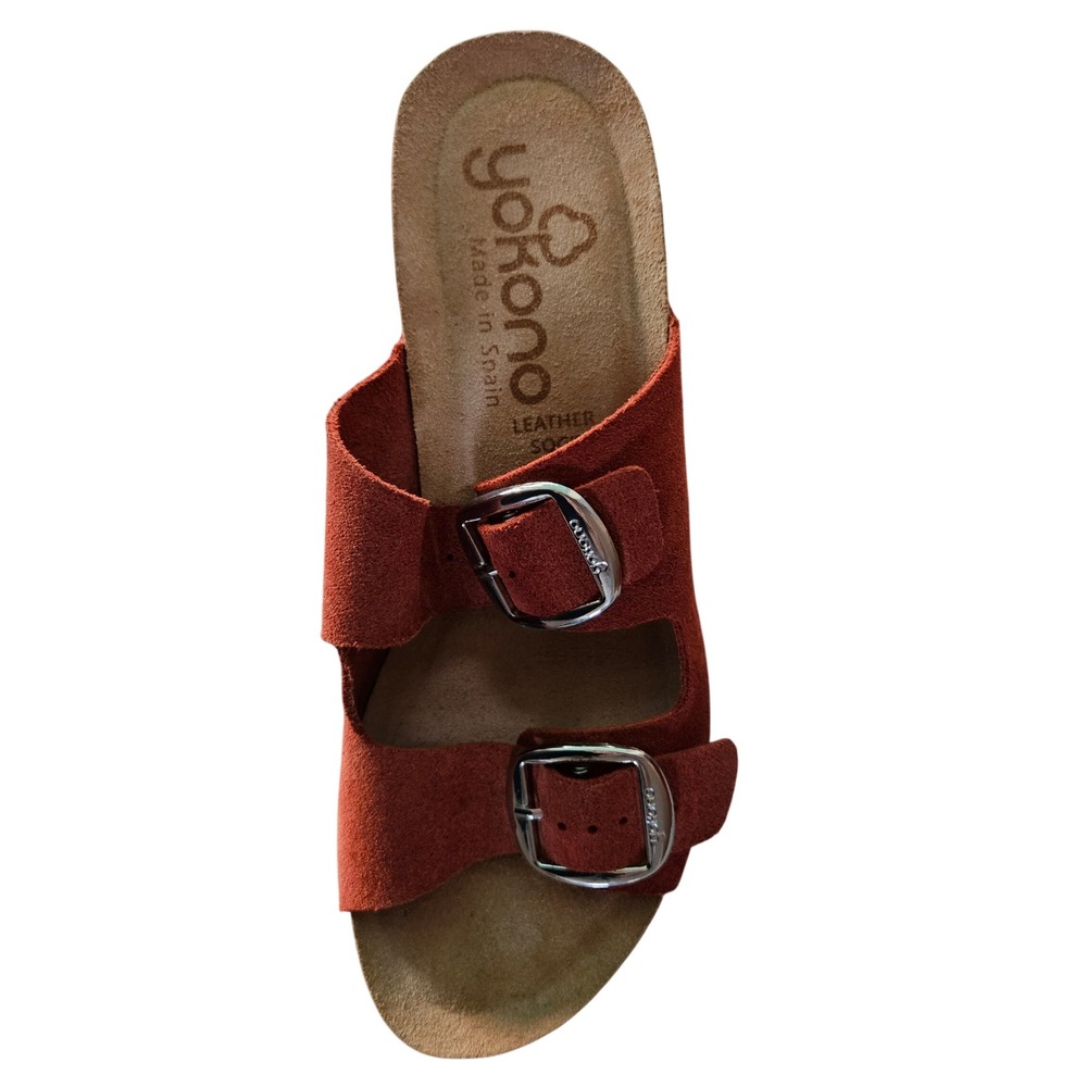 Yokono Ibiza Women's 6.5 Rust Orange Suede Double Buckle Cork Wedge Sandals - Picture 6 of 8